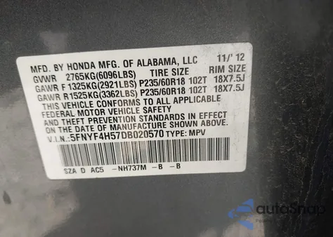 2013 Honda Pilot Ex-L из США, поврежденный, VIN 5FNYF4H57DB020570